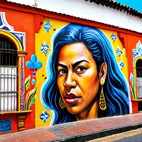 Home 4 **Prompt:** A vibrant street art mural in La Candelaria, Bogotá, depicting social commentary with bold colors and dynamic figures. Capture the essence of Colombian street art.