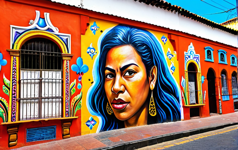 **Prompt:** A vibrant street art mural in La Candelaria, Bogotá, depicting social commentary with bold colors and dynamic figures. Capture the essence of Colombian street art.