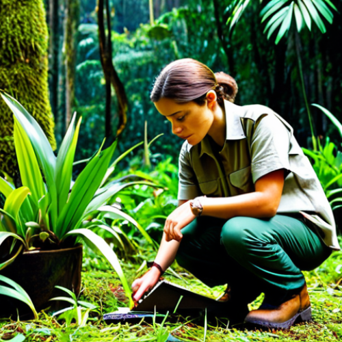 **Subject:** A professional female wildlife biologist, fully clothed in field attire (khaki shirt, cargo pants, sturdy boots), kneeling and examining a vibrant orchid in the Colombian rainforest.
    **Environment:** Lush, green rainforest background with dappled sunlight.
    **Details:** Notebook and pen in hand, magnifying glass, concerned expression, demonstrating scientific observation.
    **Modifiers:** "safe for work", "appropriate content", "fully clothed", "professional", "perfect anatomy", "correct proportions", "natural pose", "well-formed hands", "proper finger count", "natural body proportions", "high quality", "detailed", "realistic".