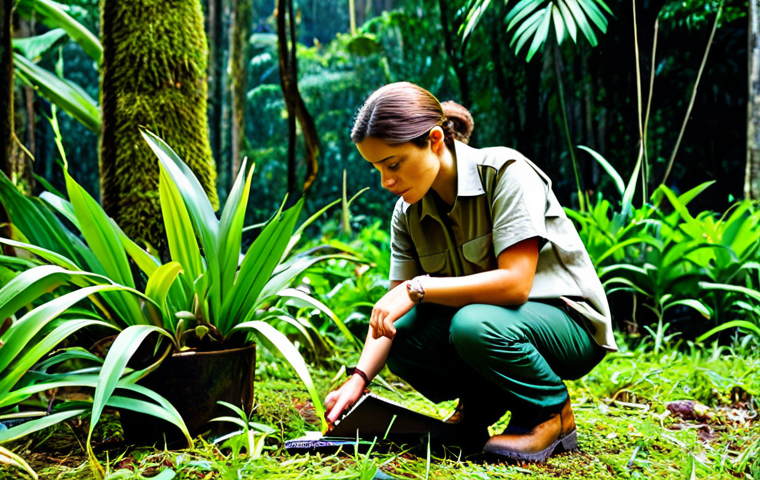 **Subject:** A professional female wildlife biologist, fully clothed in field attire (khaki shirt, cargo pants, sturdy boots), kneeling and examining a vibrant orchid in the Colombian rainforest.
    **Environment:** Lush, green rainforest background with dappled sunlight.
    **Details:** Notebook and pen in hand, magnifying glass, concerned expression, demonstrating scientific observation.
    **Modifiers:** "safe for work", "appropriate content", "fully clothed", "professional", "perfect anatomy", "correct proportions", "natural pose", "well-formed hands", "proper finger count", "natural body proportions", "high quality", "detailed", "realistic".