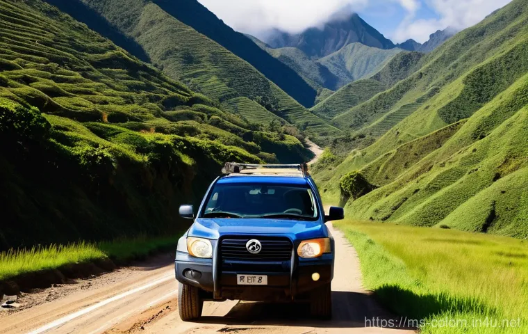 콜롬비아 셀프 드라이브 여행 팁 - **Prompt 1: Epic Andes Road Trip**
"A sturdy 4x4 SUV is driving on a winding, unpaved mountain r...