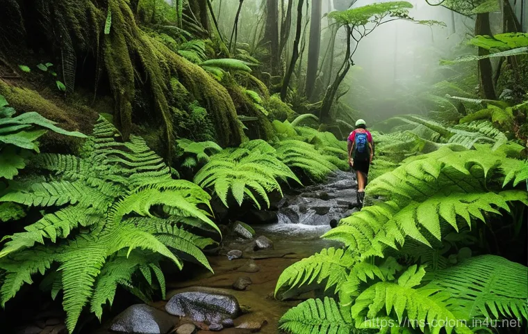콜롬비아 로스트 시티 트레킹 - **Prompt 1: The Verdant Challenge**
"A group of diverse hikers, wearing durable quick-dry trekki...