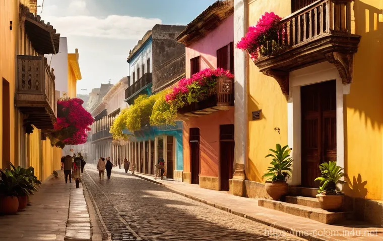콜롬비아에서의 유네스코 문화유산 - **Vibrant Colonial Charm of Cartagena**
"A picturesque, sun-drenched street scene in the histori...